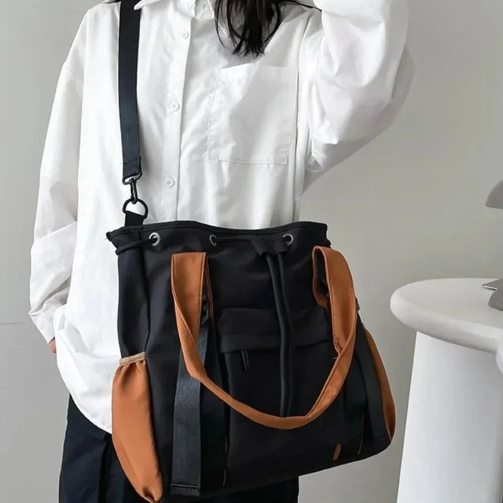 Large Waterproof Nylon Tote Bag – Multi-Pocket Drawstring Shoulder Bag for Women