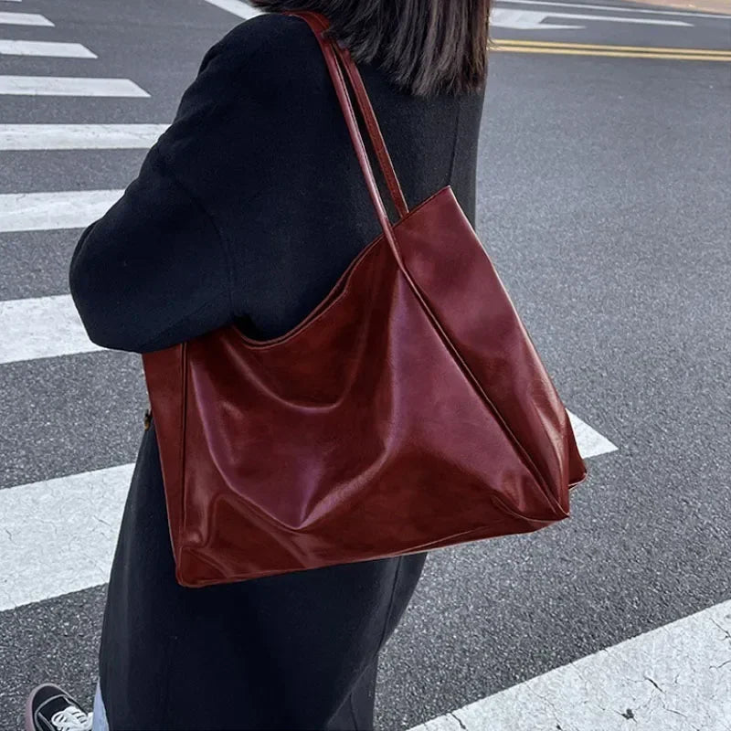 Large PU Leather Tote Bag for Women – Retro Soft Shoulder & Crossbody Bag