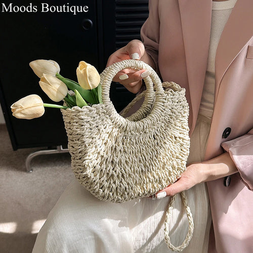 Moods Straw Handbags Women 2023 Mini Summer Beach Rattan Shoulder Bag Round Handle Handmade