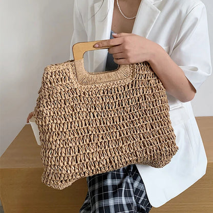 Woven Straw Tote Bag – Wooden Handle Beach & Travel Handbag