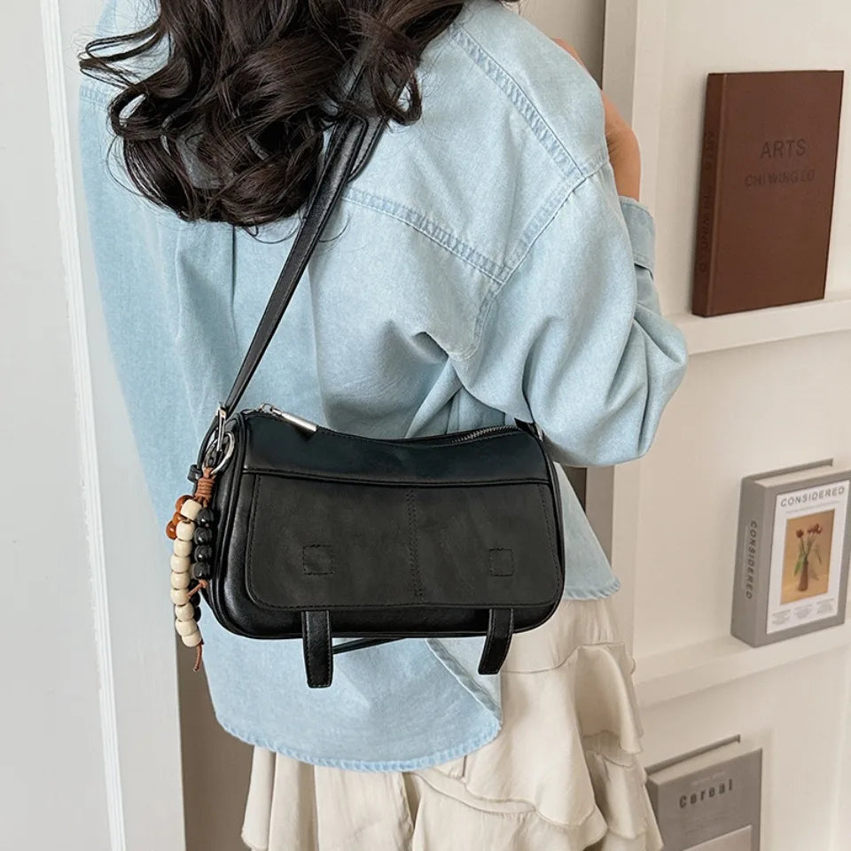 Women's Retro Soft Leather Crossbody Bag – Vintage Shoulder Bag with Optional Pendant