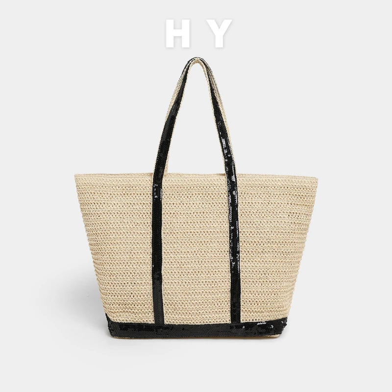 Sequin Woven Tote Bag – Large Straw Shopper for Women