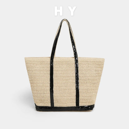 Sequin Woven Tote Bag – Large Straw Shopper for Women