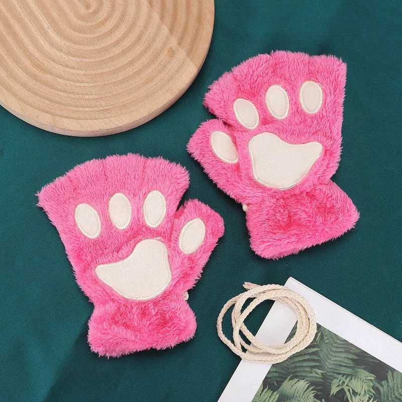 Cat Paw Fingerless Gloves – Cute Fluffy Winter Mittens for Women & Girls