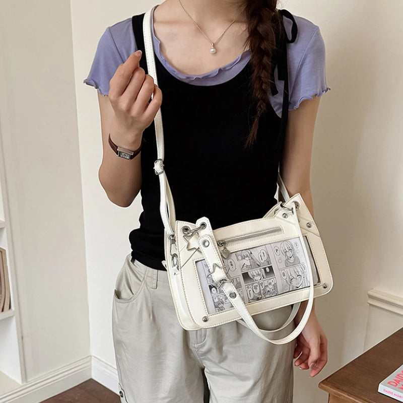 Y2K Ita Bag - Star Rivet Transparent Window Shoulder Bag for Women