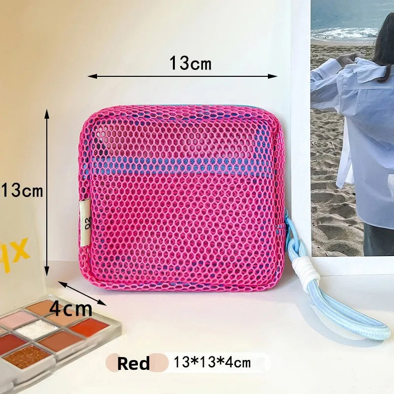 Mesh Beach Pouch with Wrist Strap – Clear Travel Cosmetic Bag