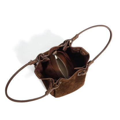 Suede Leather Bucket Bag for Women – Minimalist Handheld Tote