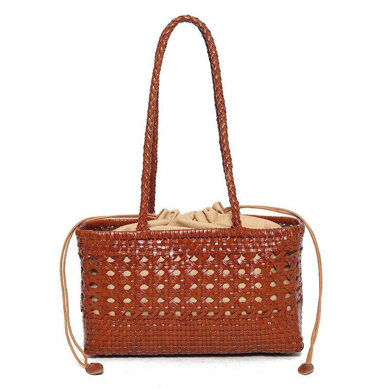 Handmade Woven Leather Tote Bag – Hollow Drawstring Shoulder Bag