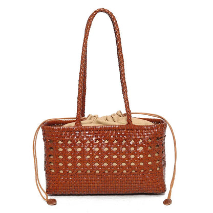 Handmade Woven Leather Tote Bag – Hollow Drawstring Shoulder Bag