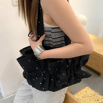 Korean Style Polka Dot Ruffle Shoulder Bag Women S Large Capacity Tote Magnetic Buckle Design