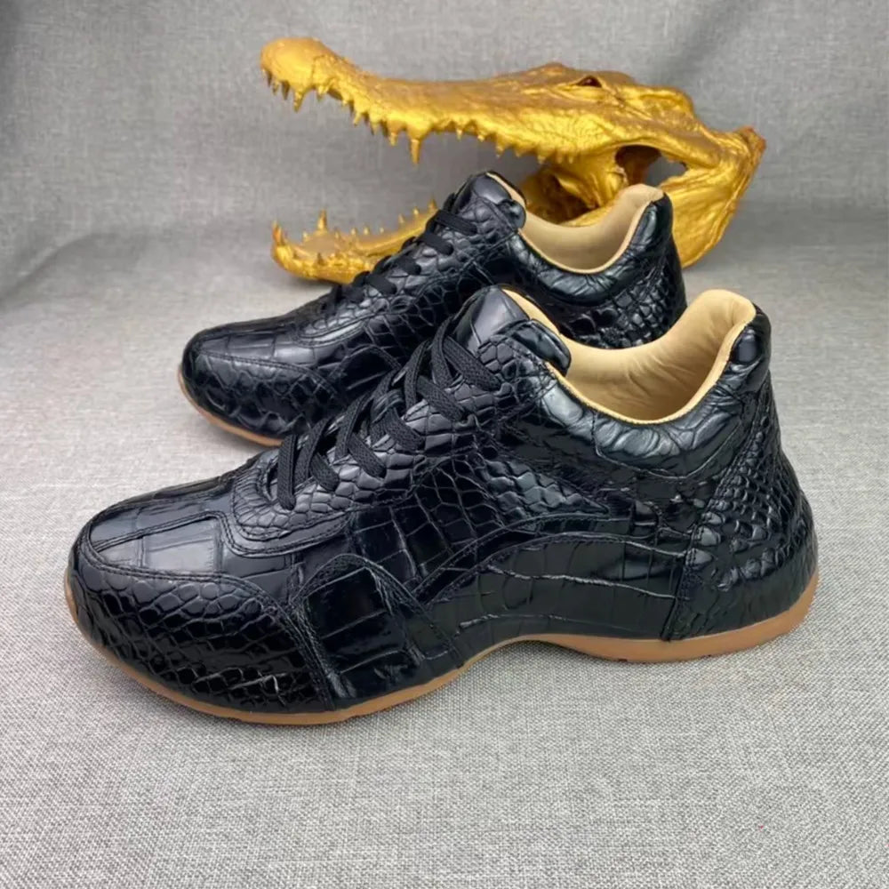 Crocodile Leather Men's Thick-Sole Sneakers – Genuine Lace-Up Casual Shoes