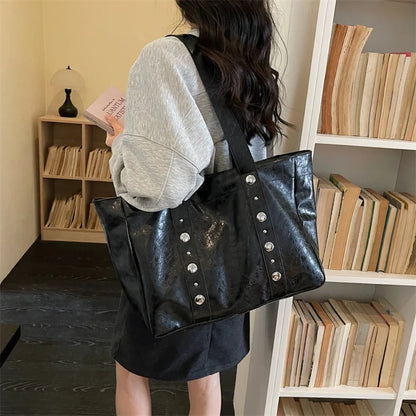 Punk Style PU Leather Tote Bag for Women – Large Crossbody Shoulder Bag