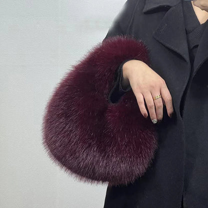 Faux Fur Half Moon Bag for Women – Fluffy Mini Tote Handbag