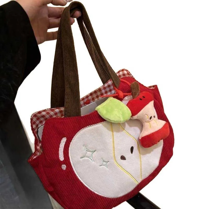 Cute Apple Corduroy Shoulder Bag – Creative Canvas Tote for Women