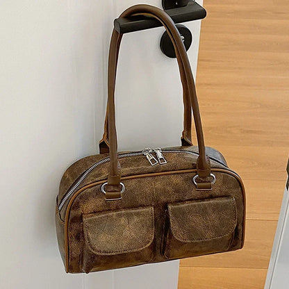 Retro Double Pocket Shoulder Bag – Women's Vintage Handbag
