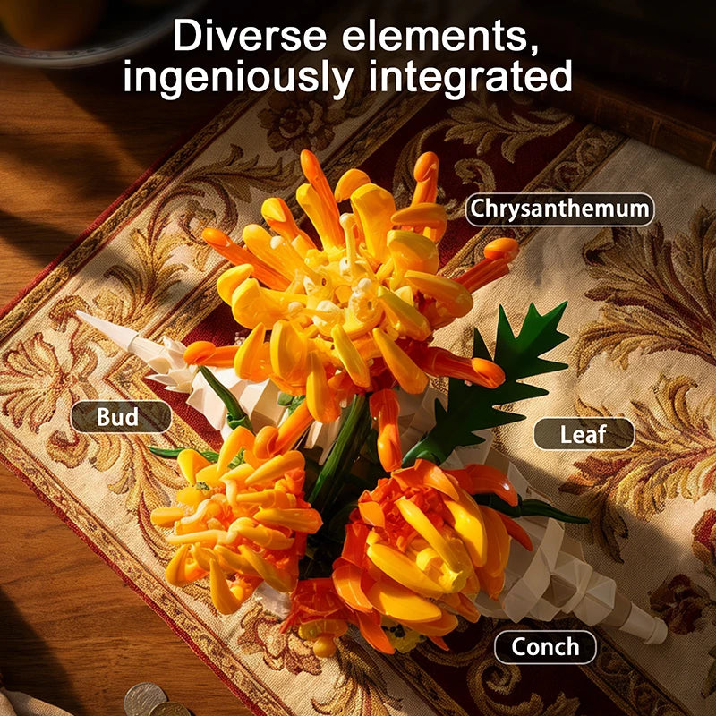 Chrysanthemum Conch Shell MOC Building Blocks – Botanical Flower Decor Set