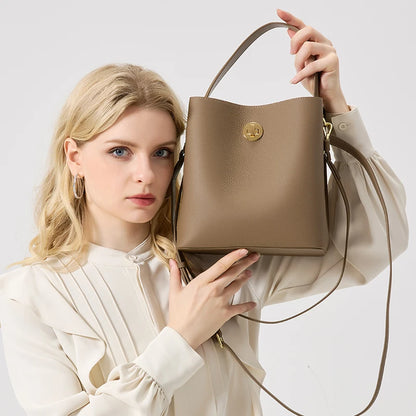 Genuine Leather Bucket Bag – Women's Top Grain Cowhide Tote