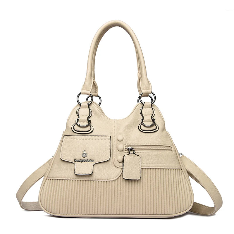 Vegan Leather Tote Handbag with Multi-Pocket & Crossbody Strap