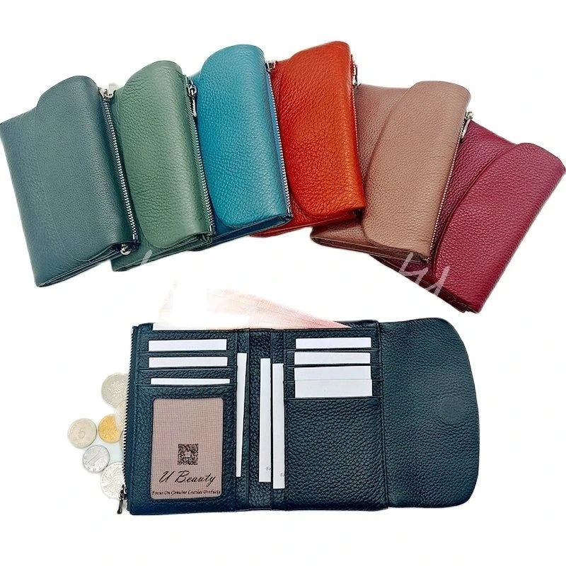 Women's Genuine Cowhide Leather Trifold Wallet with Zipper Coin Pocket
