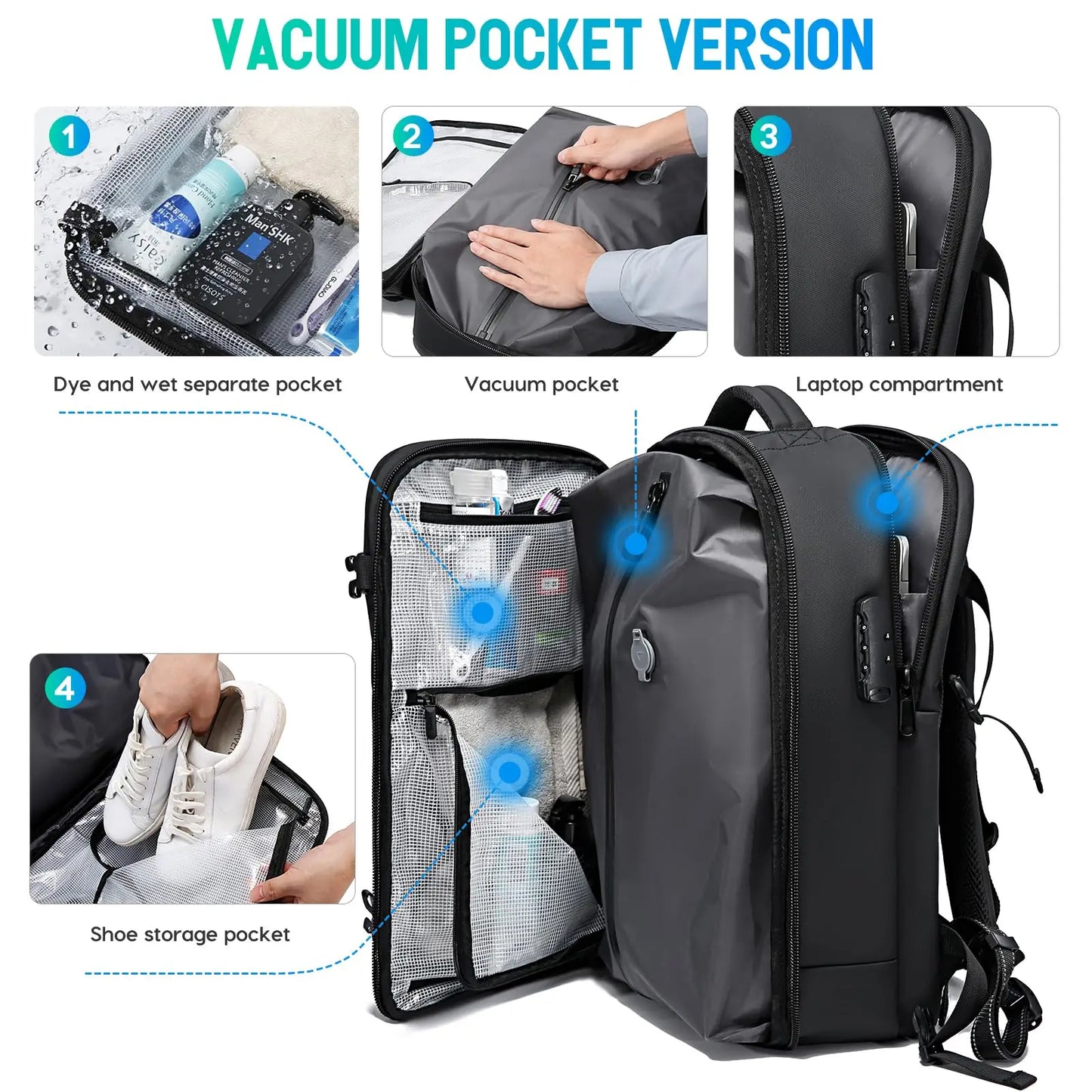 Anti-Theft Travel Backpack with Vacuum Compression & Laptop Compartment