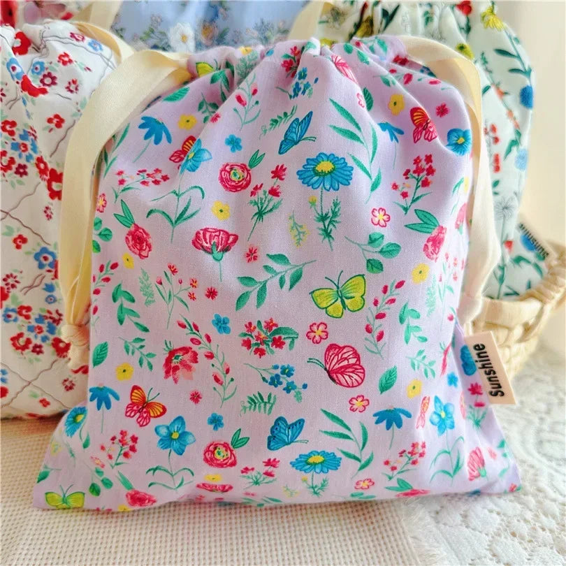 Floral Cotton Drawstring Travel Organizer Bag