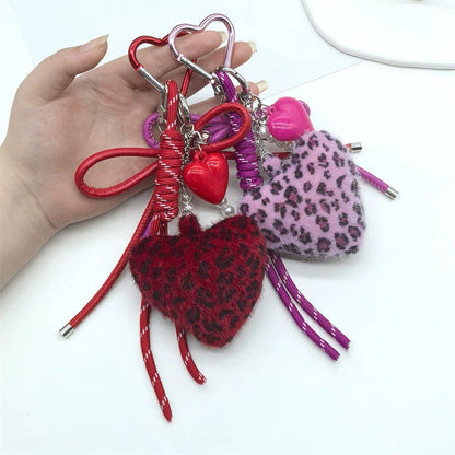 Leopard Heart Plush Keychain – Y2K Charm Bag Pendant for Women