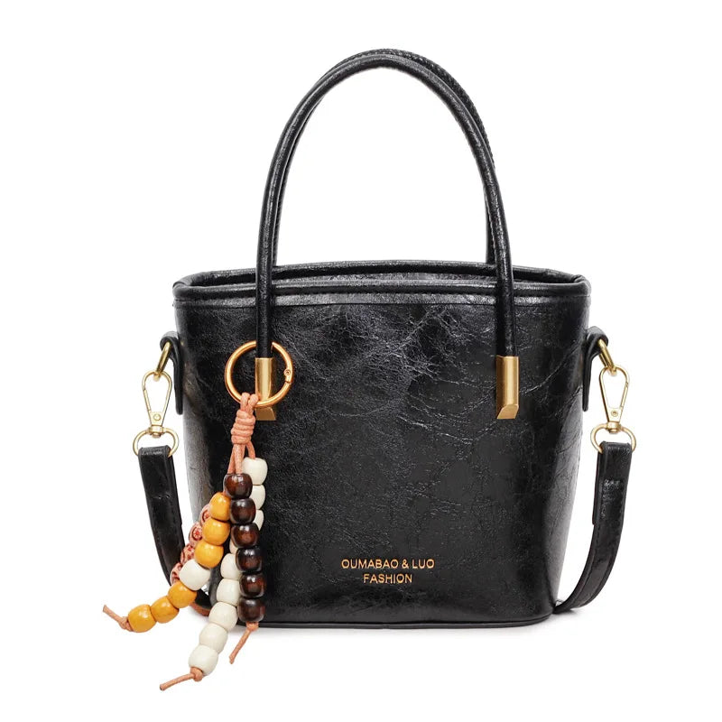 Leather Bucket Bag – Women's Crossbody Handbag with Bead Charm