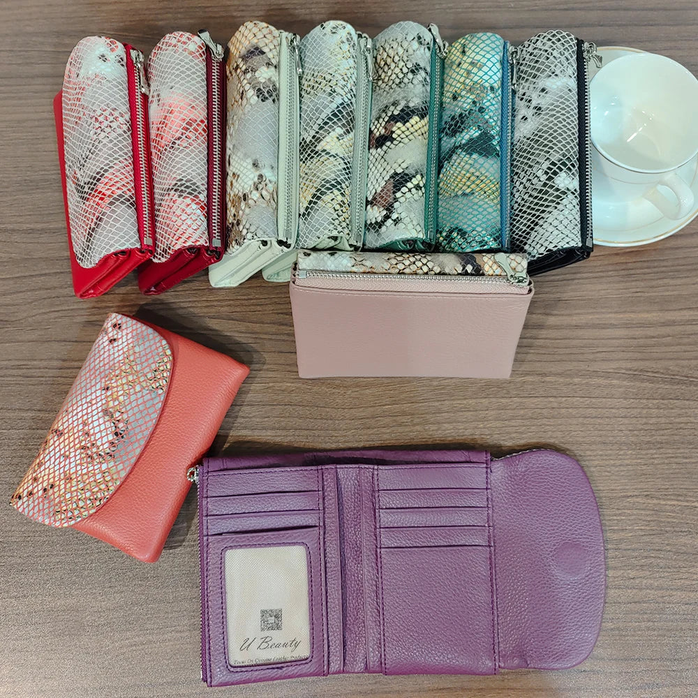 Snake Pattern Genuine Leather Tri-Fold Short Wallet for Women