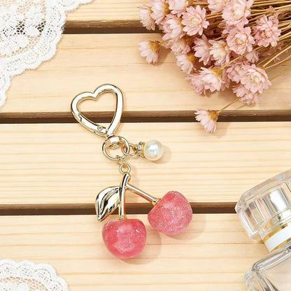 Cherry Resin Bag Charm Keychain with Heart Clip & Pearl