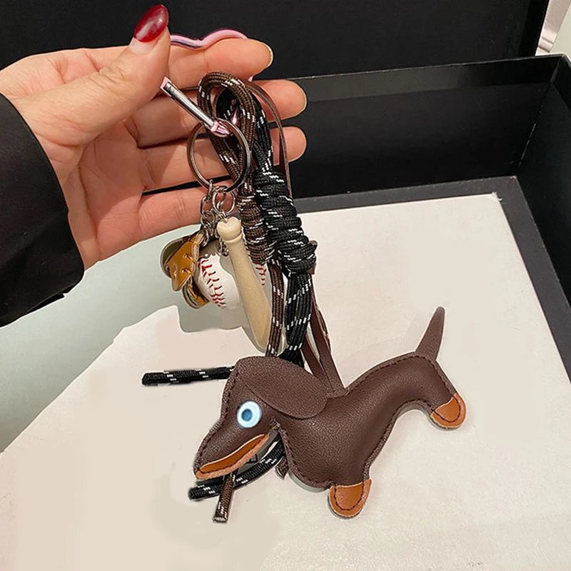 Dachshund Leather Keychain with Baseball Charms & Braided Rope