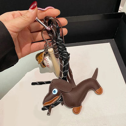 Dachshund Leather Keychain with Baseball Charms & Braided Rope