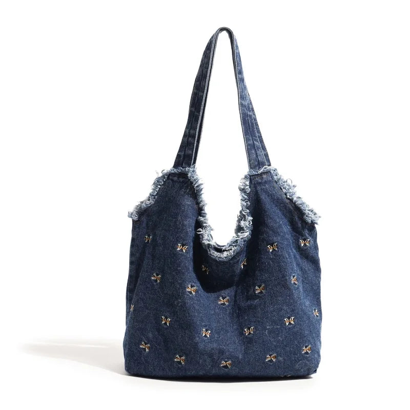 Denim Tote Bag – Frayed Edge Bow Embroidery Shoulder Handbag