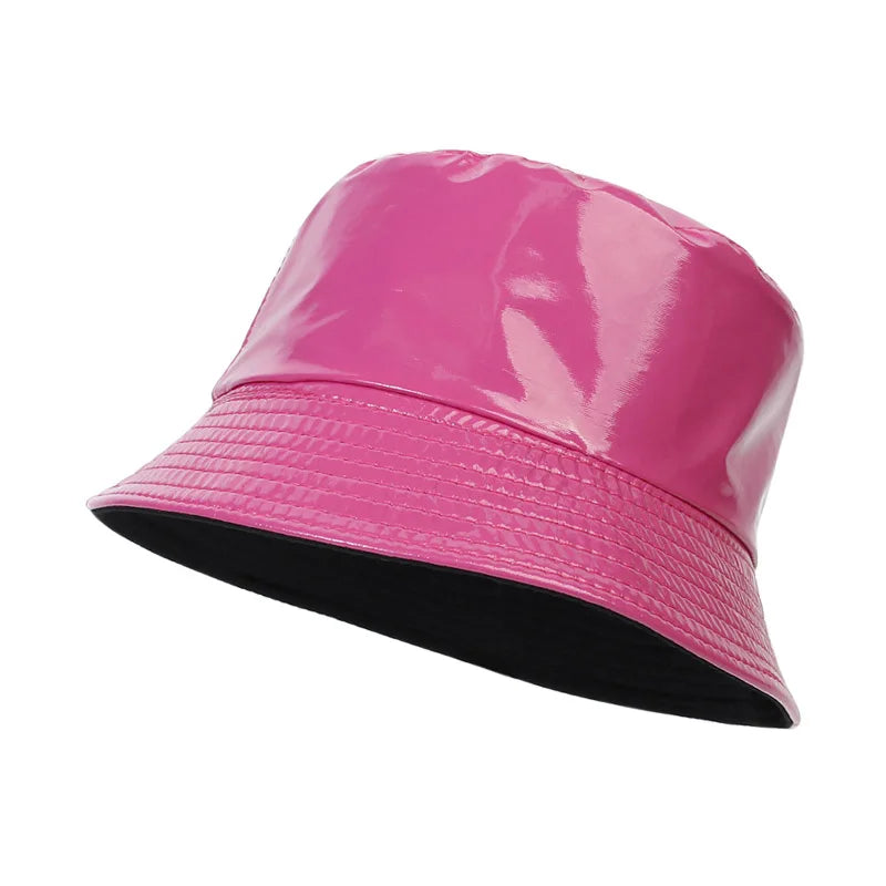 Shiny PU Leather Bucket Hat – Unisex Waterproof Cap