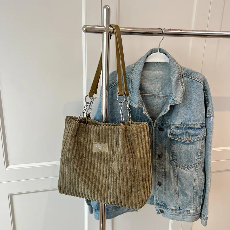 Corduroy Shoulder Tote Bag for Women – Large Cotton Handbag