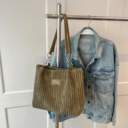 Corduroy Shoulder Tote Bag for Women – Large Cotton Handbag