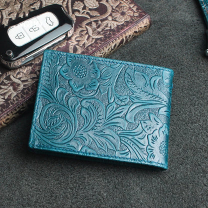 Handmade Floral Embossed Leather Wallet with Card & Coin Slots