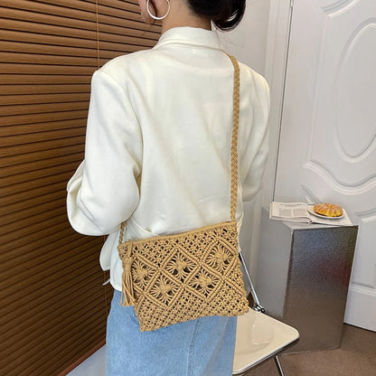 Handmade Straw Crossbody Bag – Women's Hollow Woven Shoulder Purse with Tassel