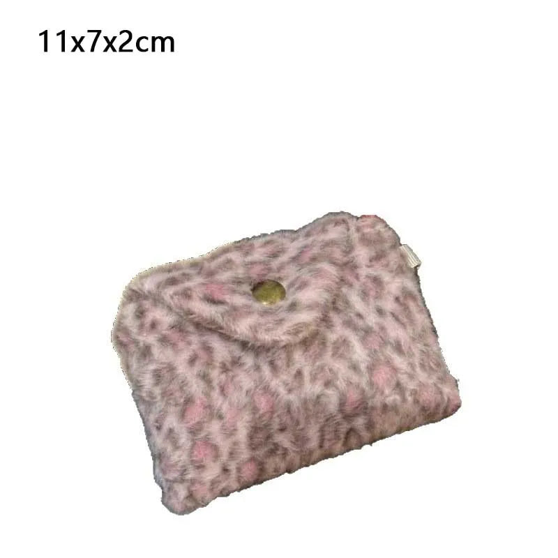 Plush Leopard Print Card Holder Wallet – Cute Fluffy Mini Purse