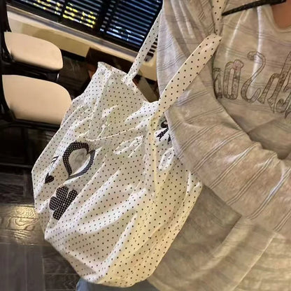 Korean Style Polka Dot Canvas Tote Bag Women Bow Decor Pleated Handbag Large Capacity Casual Daily