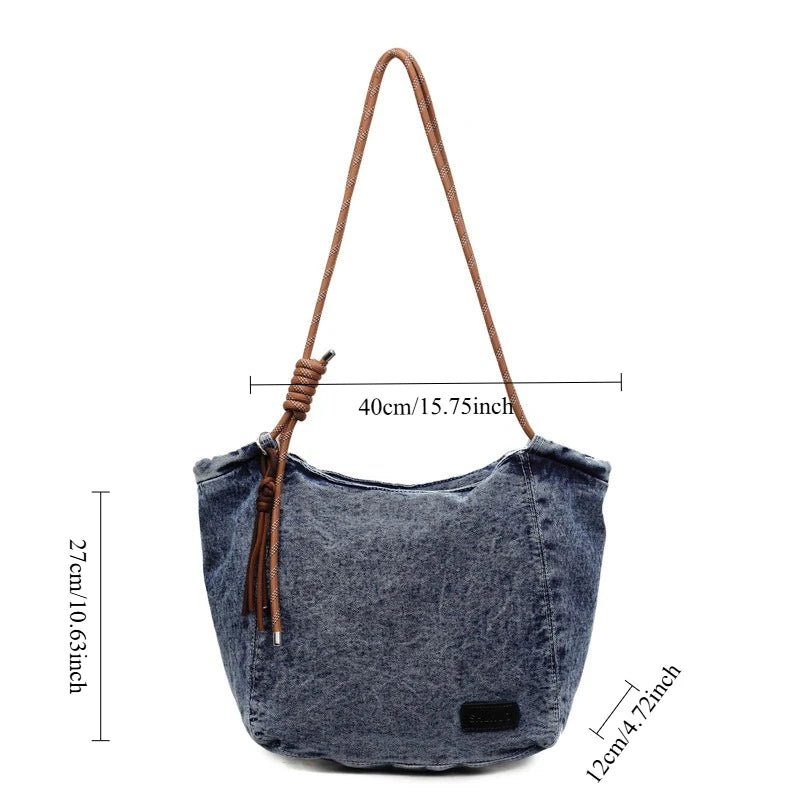 Crossbody Bag Women Vintage Washed Denim Shoulder Large Capacity Comfortable Versatile Texture Bags