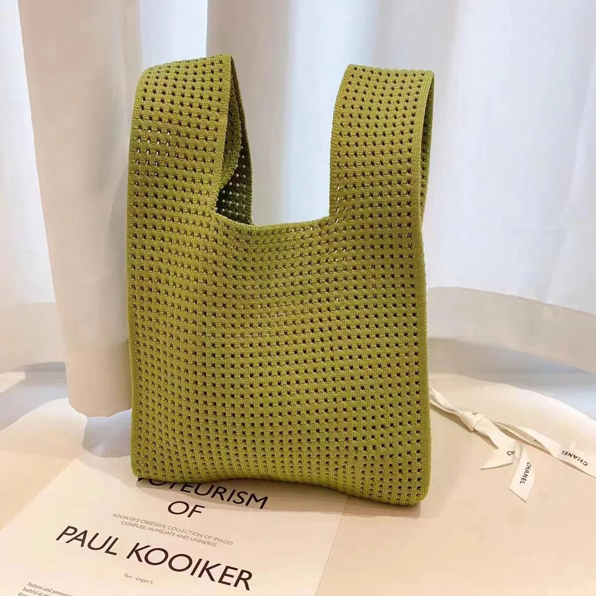 Knit Tote Bag Women – Handmade Mini Wrist Bag Casual Stripe Plaid