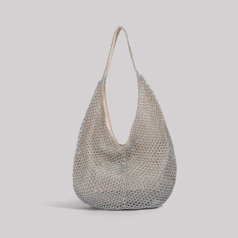 Silver Woven Mesh Hobo Tote Bag Large Capacity for Women