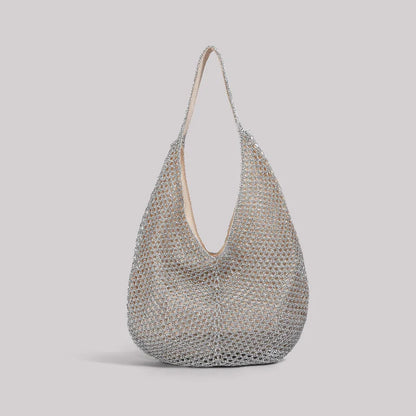 Silver Woven Mesh Hobo Tote Bag Large Capacity for Women