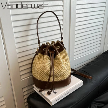Woven Straw Bucket Bag – Women's Drawstring Crossbody
