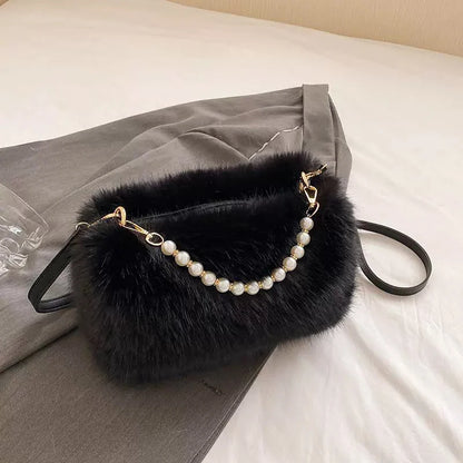 Plush Faux Fur Crossbody Bag with Pearl Chain Strap