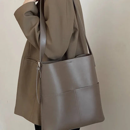 Leather Bucket Shoulder Bag – Women's Casual Tote Handbag