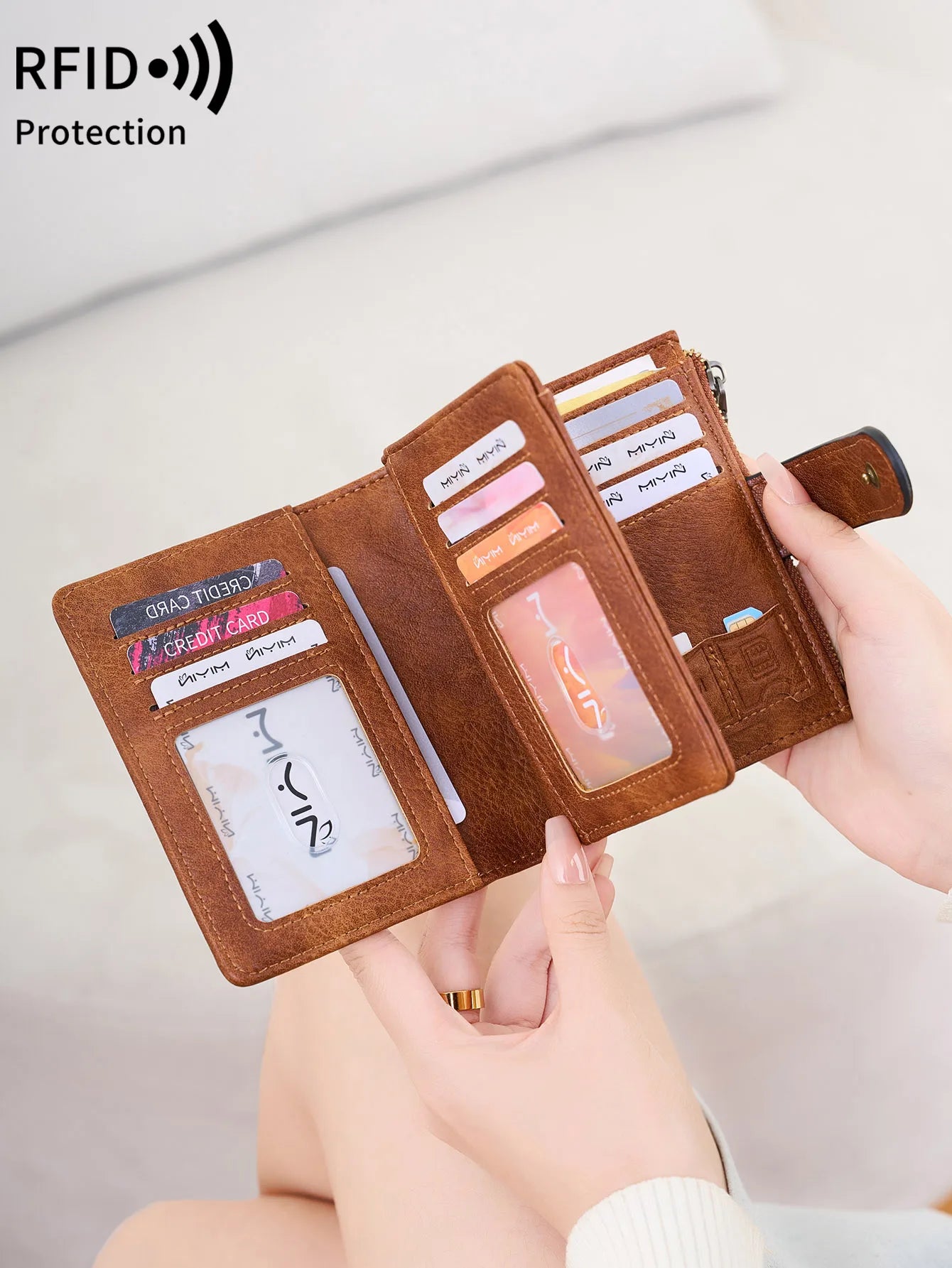 RFID Anti-Theft Women's Wallet – Retro Trifold Coin Purse with Zipper Closure