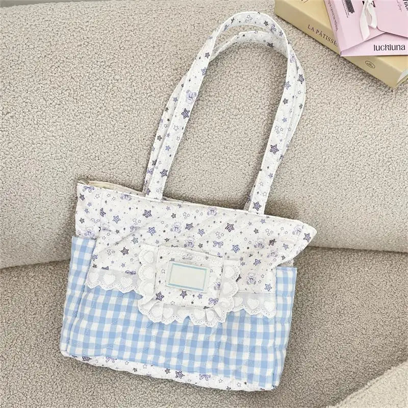 Kawaii Quilted Canvas Tote Bag – Lace Plaid Shoulder Handbag