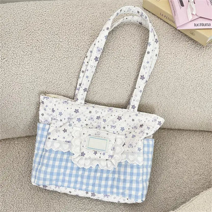 Kawaii Quilted Canvas Tote Bag – Lace Plaid Shoulder Handbag