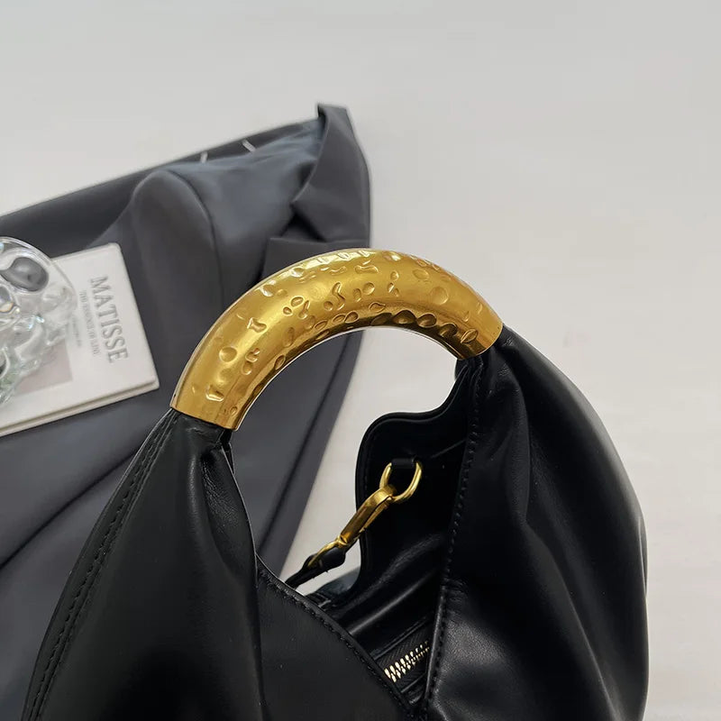 Moods Retro Gold Ring Handle Women Hobo Bag Soft Vegan Leather Shoulder Crossbody Purse Elegant